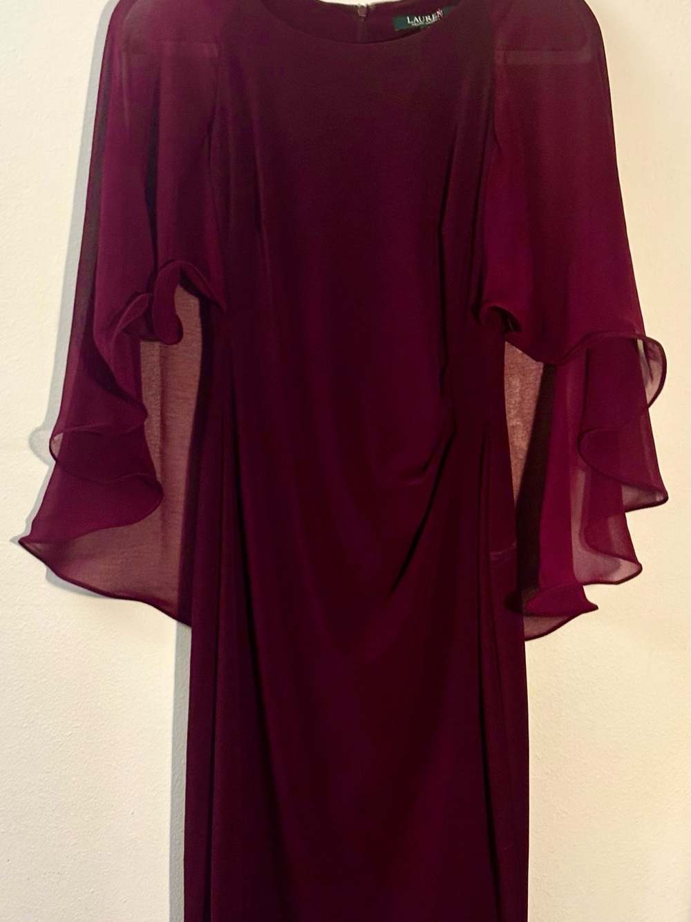 Ralph Lauren Burgundy Midi Dress with Sheer Cape Sleeves - Picture 2 of 3